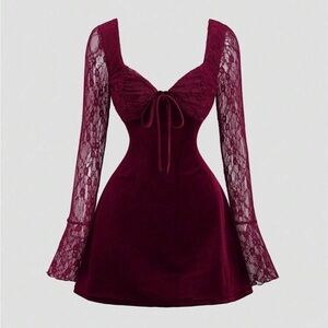 Chic Burgundy Lace Long Sleeve Dress